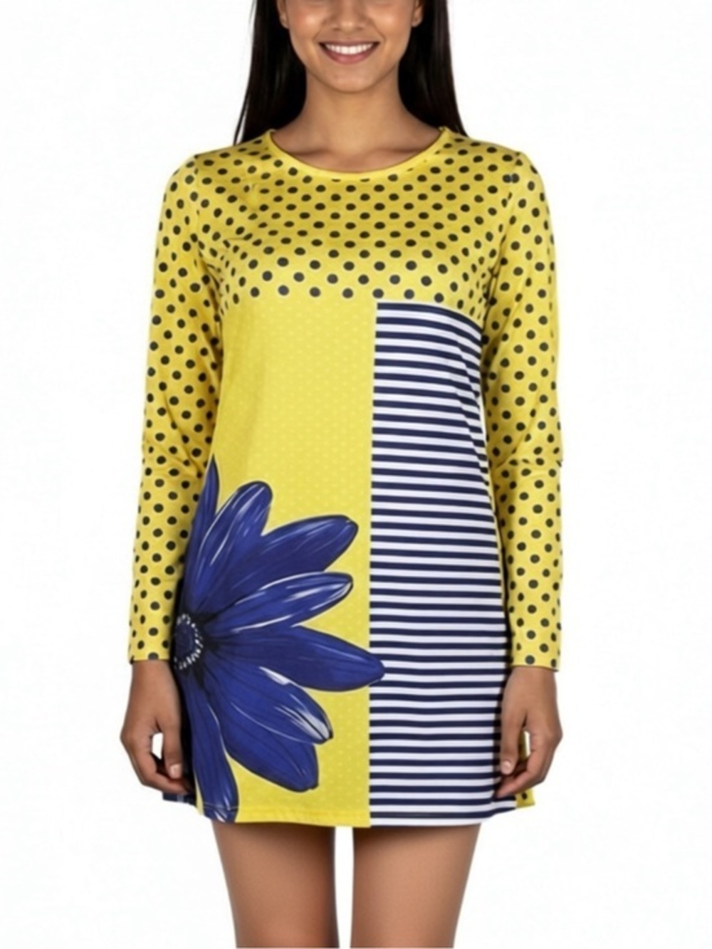 Lily | Yellow & Blue Polka Dot Striped Floral Shift Dress